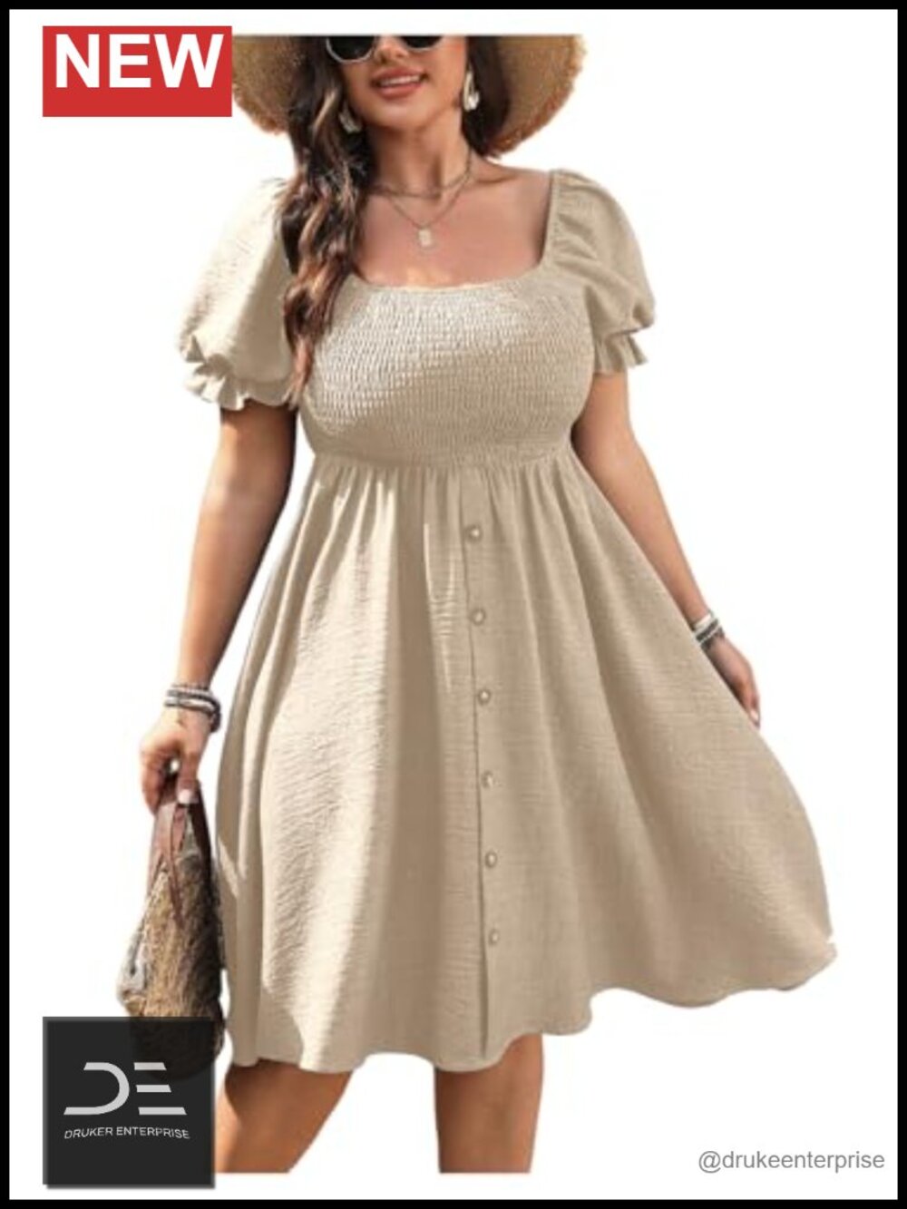 Plus Size Button Down Puff Sleeve Square Neck Shirred Flowy Knee Length Dress
